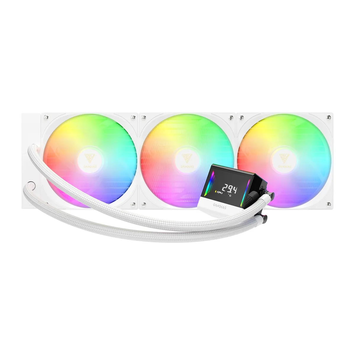 White 420mm liquid cooler with three 140mm ARGB fans and CPU temperature display