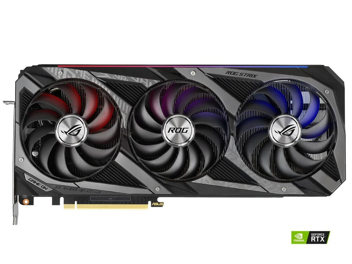 ASUS ROG Strix RTX 3080 graphics card with triple-fan cooler and metal backplate