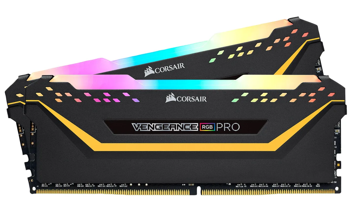 Two black DDR4 modules with anodized aluminium heat spreaders and RGB LED strips