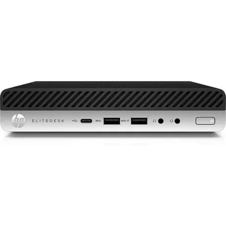 Small black rectangular mini desktop PC, compact square form factor, matte finish, HP branding visible