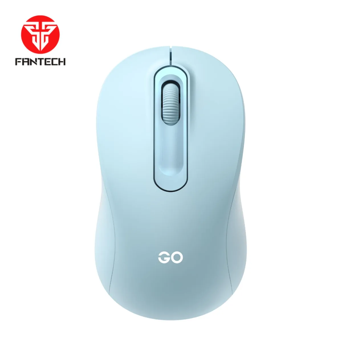 Compact blue wireless gaming mouse with symmetrical shape and textured grip