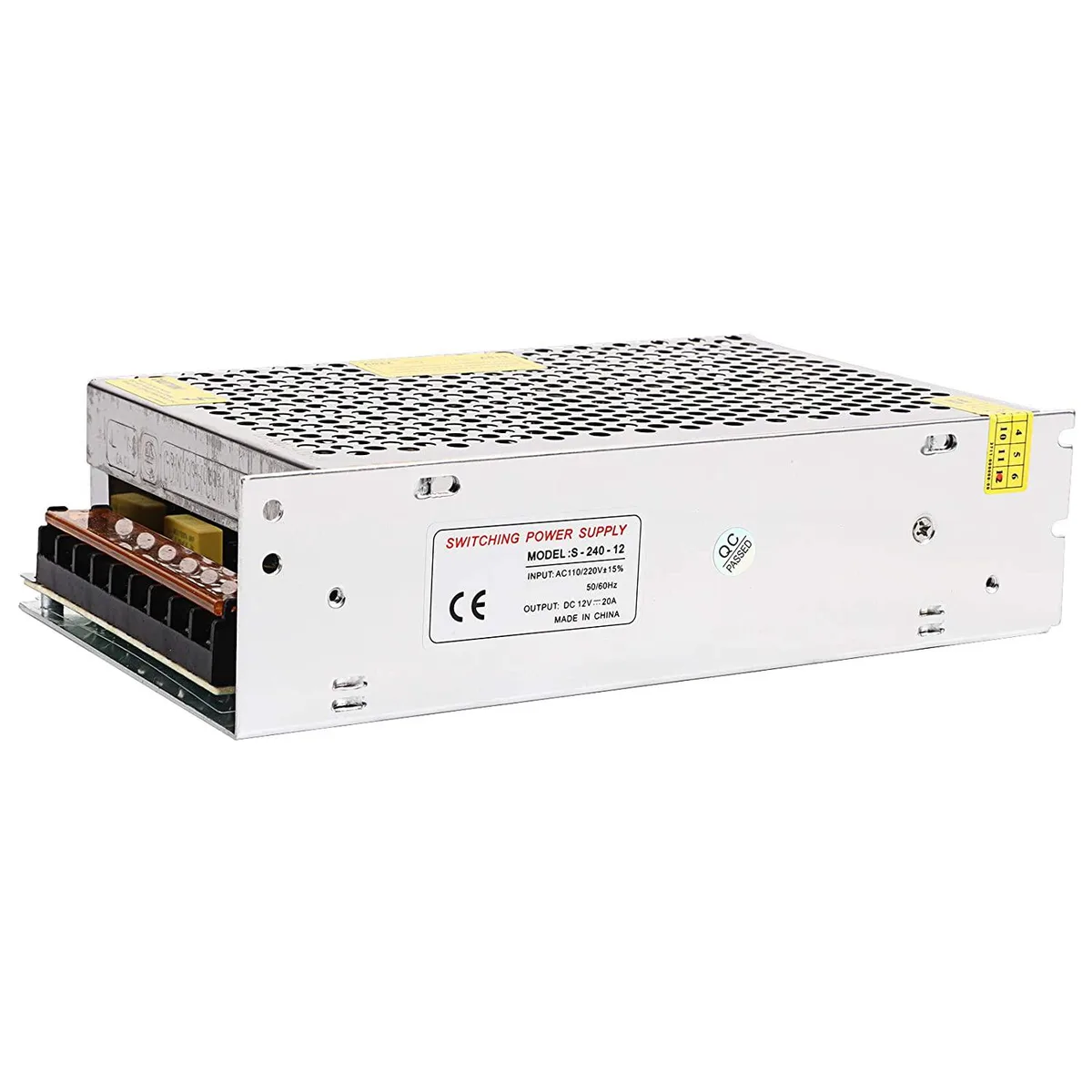 Compact black metal switching power supply unit with terminal connections and voltage adjustment knob