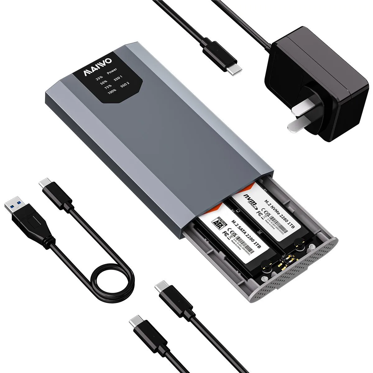 MAIWO MAIWO Dual-Bay M.2 SATA Enclosure Cloner 10Gbps USB3.2 Gen2x2 2230 2242 2260 2280 — 商品照片