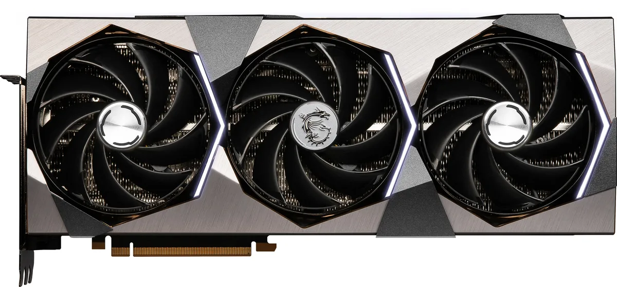 Large graphics card with triple fans and brushed metal finish