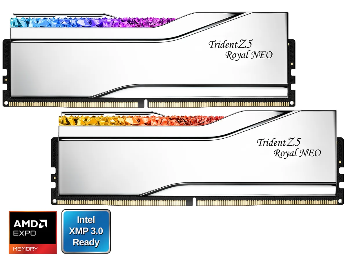 Two silver DDR5 modules with mirrored aluminium heatspreaders and a crystalline RGB light bar