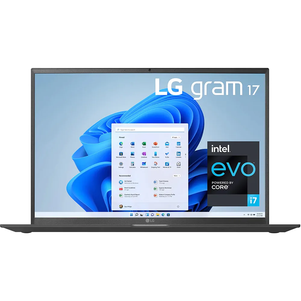 Silver ultra-lightweight 17-inch laptop with thin bezels