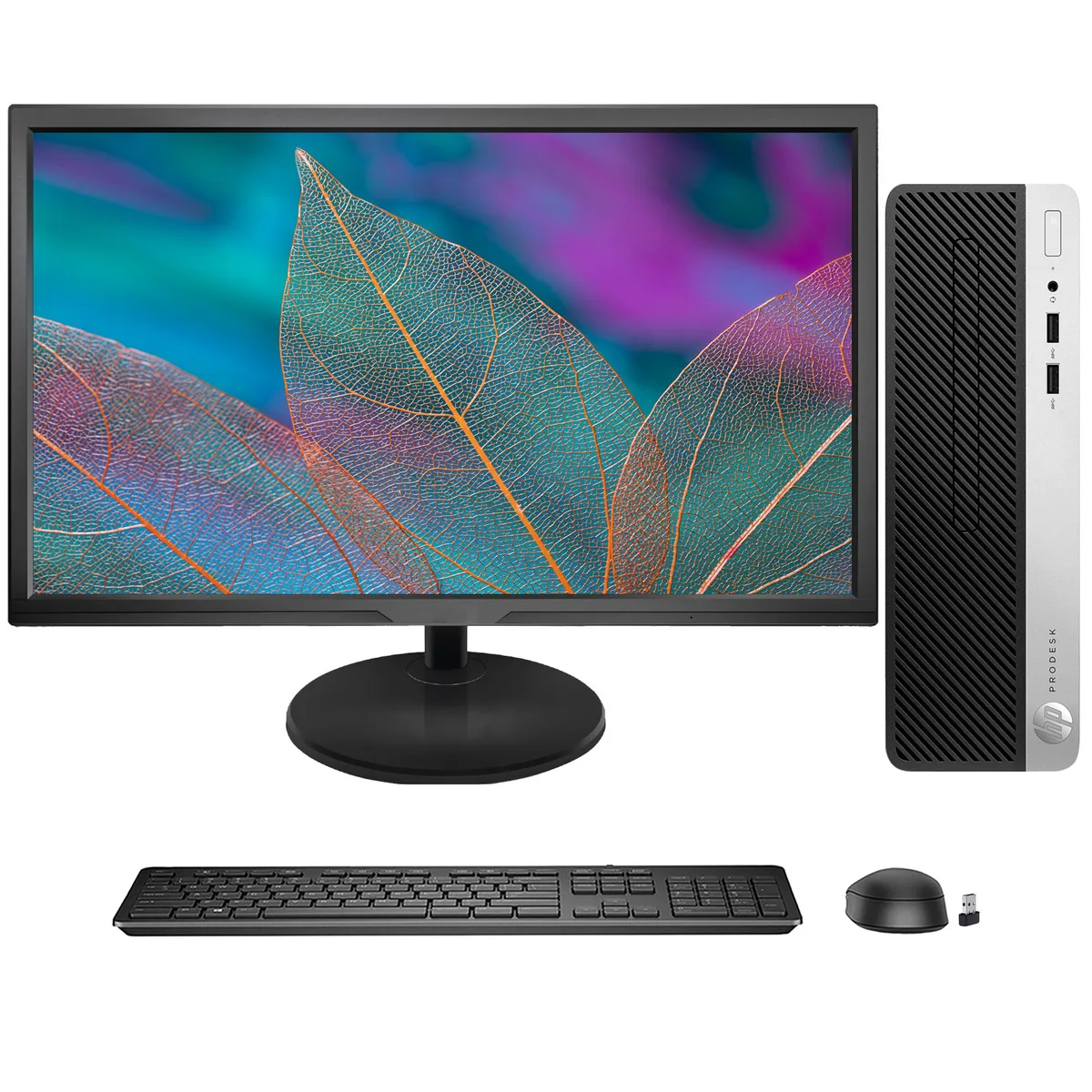 Black small-form-factor desktop tower and 22-inch monitor, both matte black with silver accents