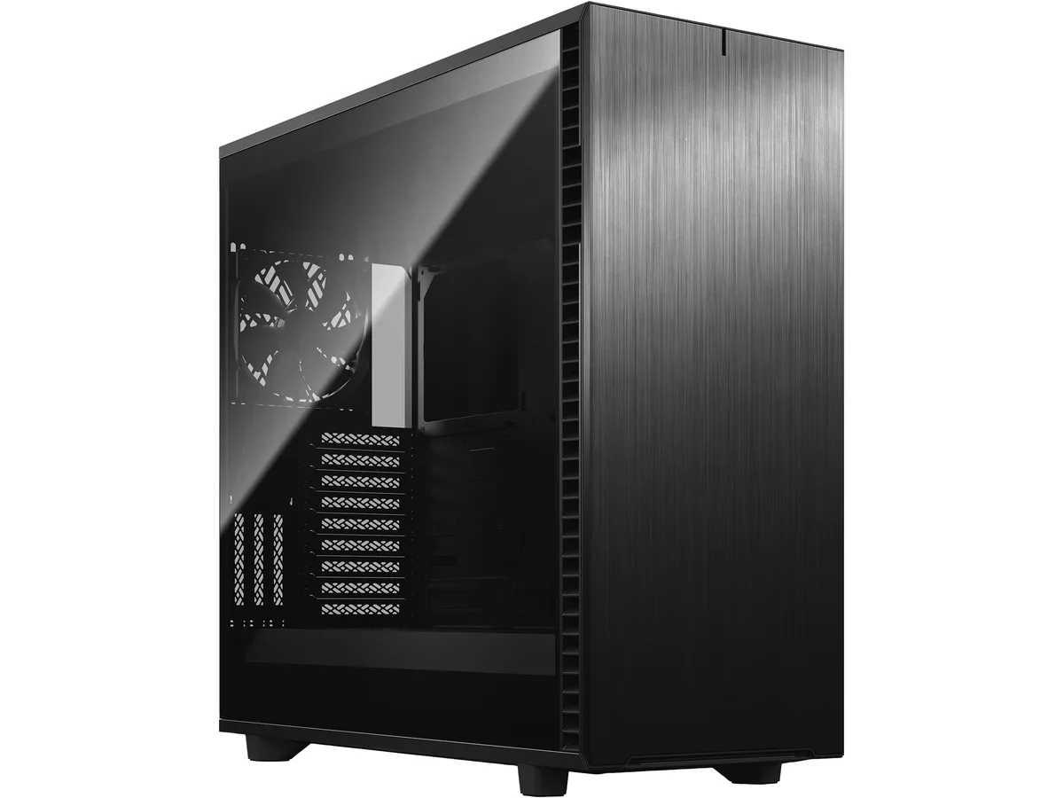Large black full-tower case with brushed aluminium front panel, dark tinted tempered glass side window and three included 140 mm fans