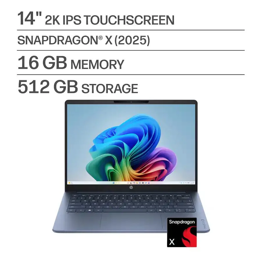 Thin blue laptop with 14 inch 2K touchscreen display, closed lid showing Starlit Blue finish
