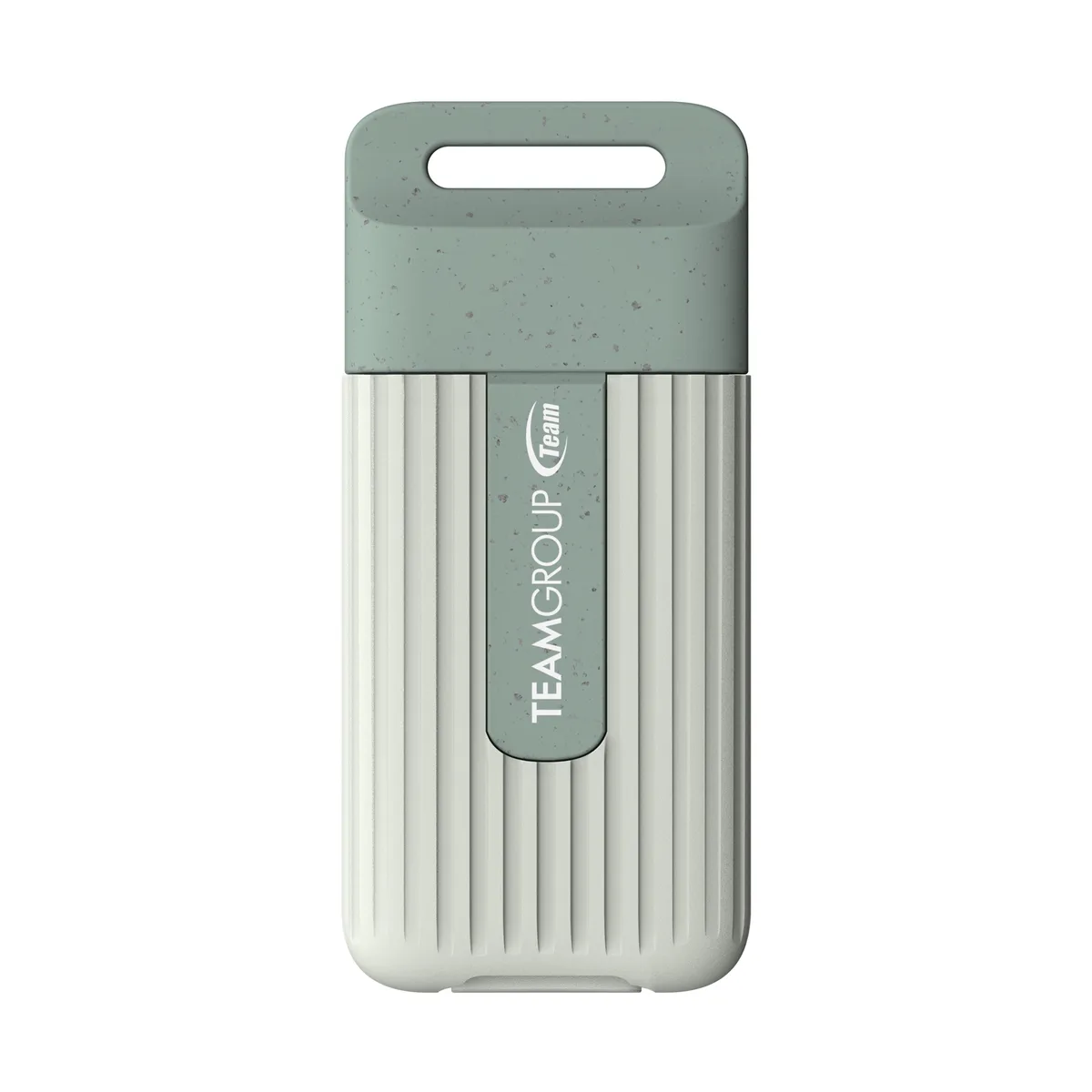 Small rectangular external SSD in dark recycled plastic with USB-C port