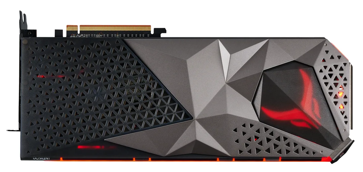 Large triple-fan graphics card in dark finish with red accents and metal backplate