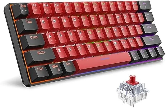 Compact 60 percent mechanical keyboard in black and red with rainbow LED backlight and detachable USB-C cable
