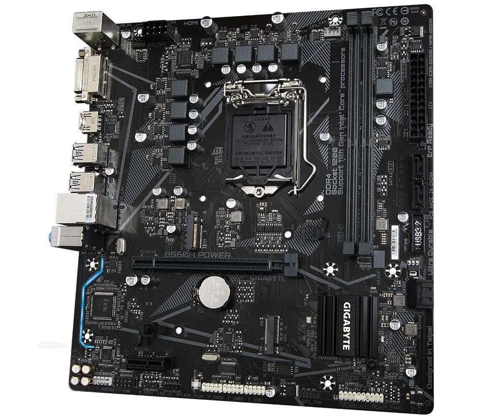 Green rectangular micro-ATX motherboard with black heatsinks and silver CPU socket
