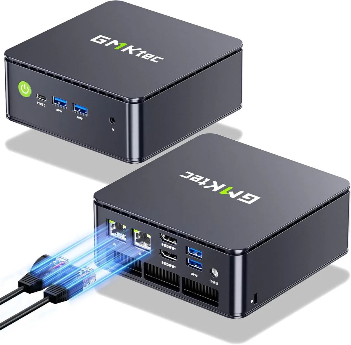 Compact black mini PC with small square form factor