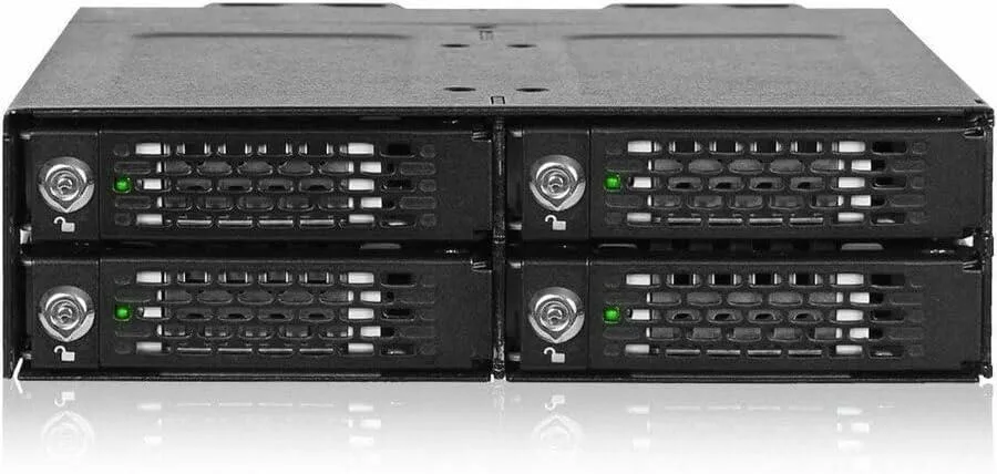 Black metal 4-bay M.2 NVMe enclosure for 5.25 inch bay with four OCuLink ports