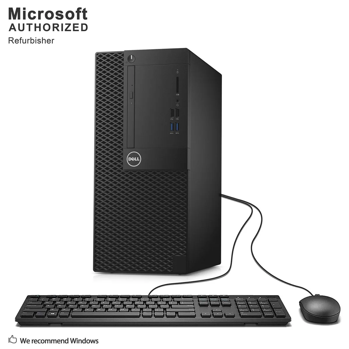Black Dell OptiPlex 7060 tower desktop with keyboard and mouse