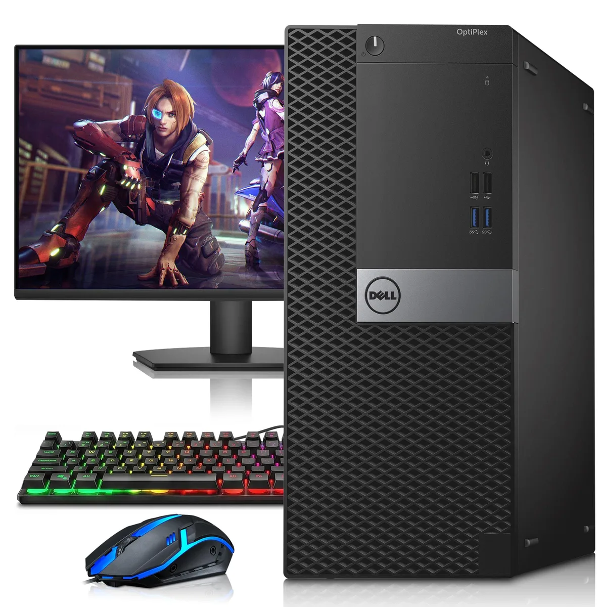 Black Dell OptiPlex 5040 mini tower with 24 inch monitor RGB keyboard and mouse
