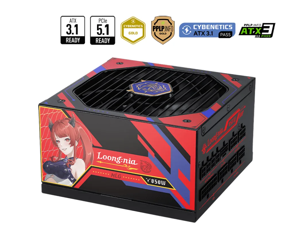 Black and red fully modular ATX power supply with 135 mm fan