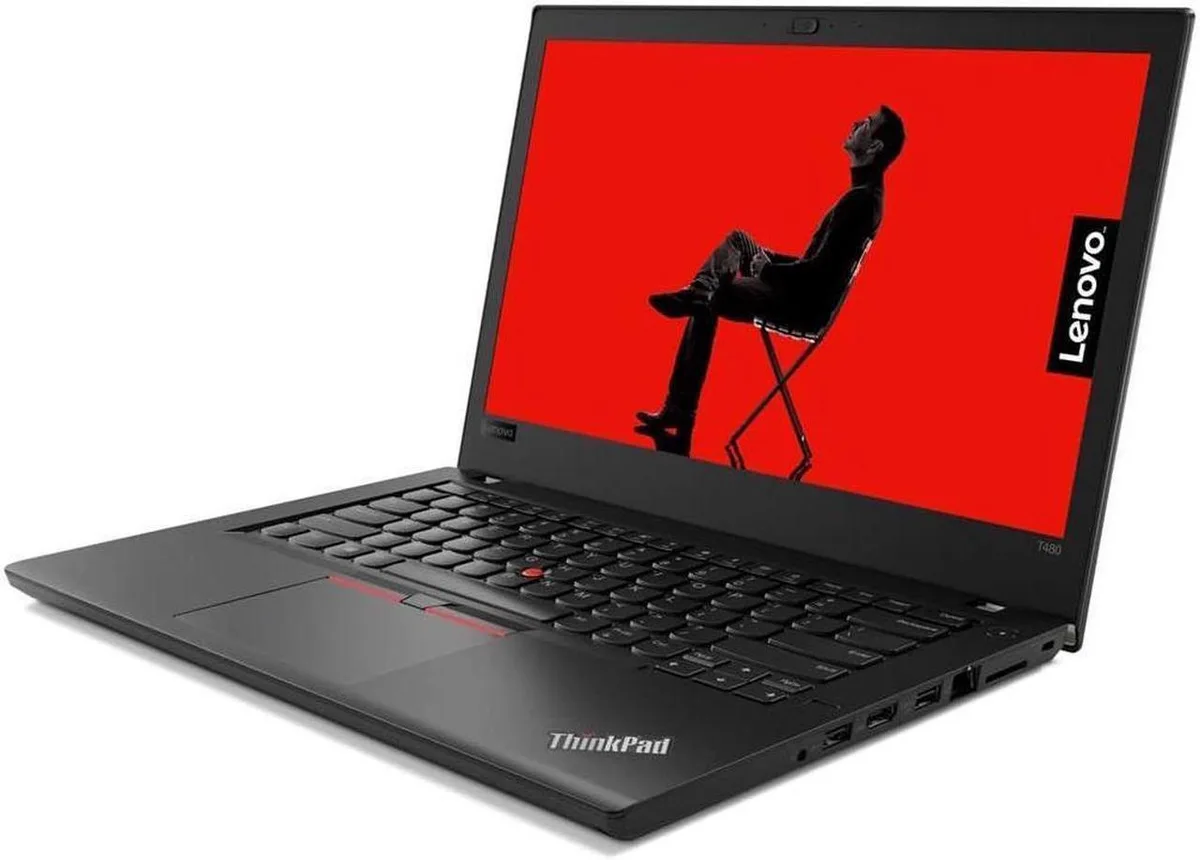 Black ThinkPad T480 laptop with 14 inch touchscreen display