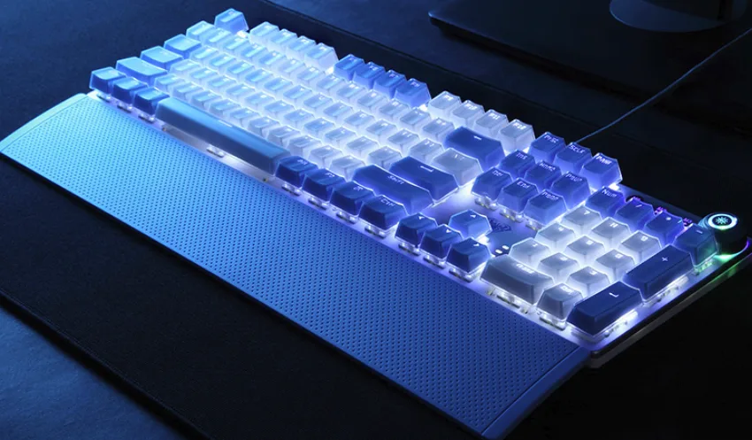 Blue and white wired mechanical gaming keyboard with crystal honeycomb keycaps, detachable magnetic palm rest