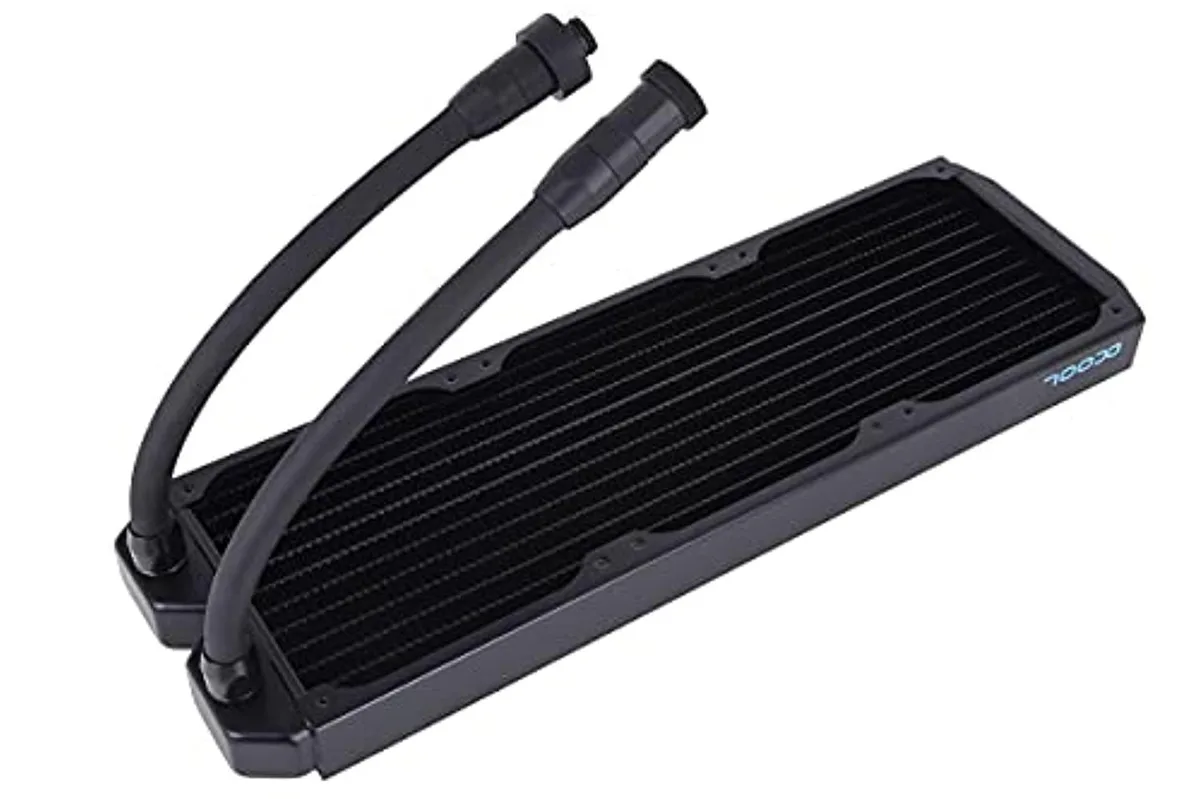 Black 360mm copper radiator with prefilled TPV tubing and quick-release fittings
