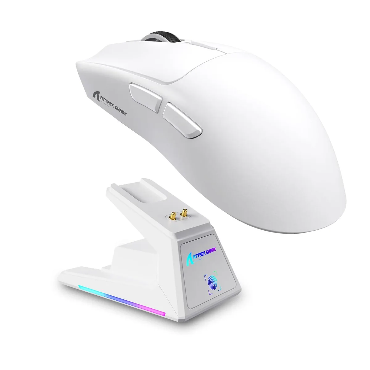 White right-handed gaming mouse with 16 buttons and RGB charging dock