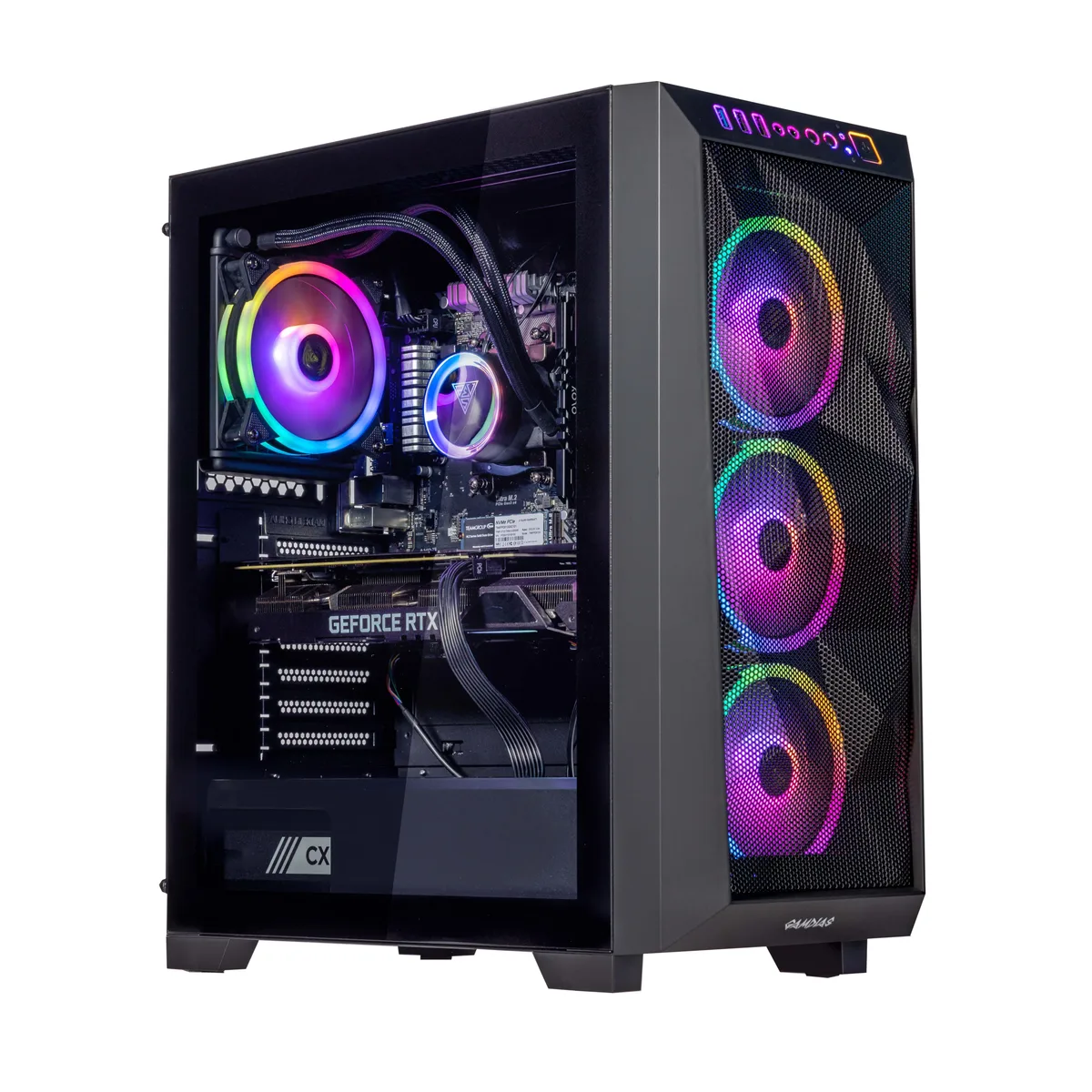 Black mid-tower desktop with RGB liquid cooler visible through side panel