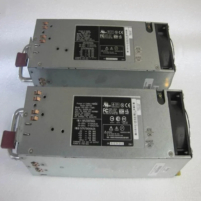 Rectangular metal ATX power supply unit with ventilation grille and power connectors