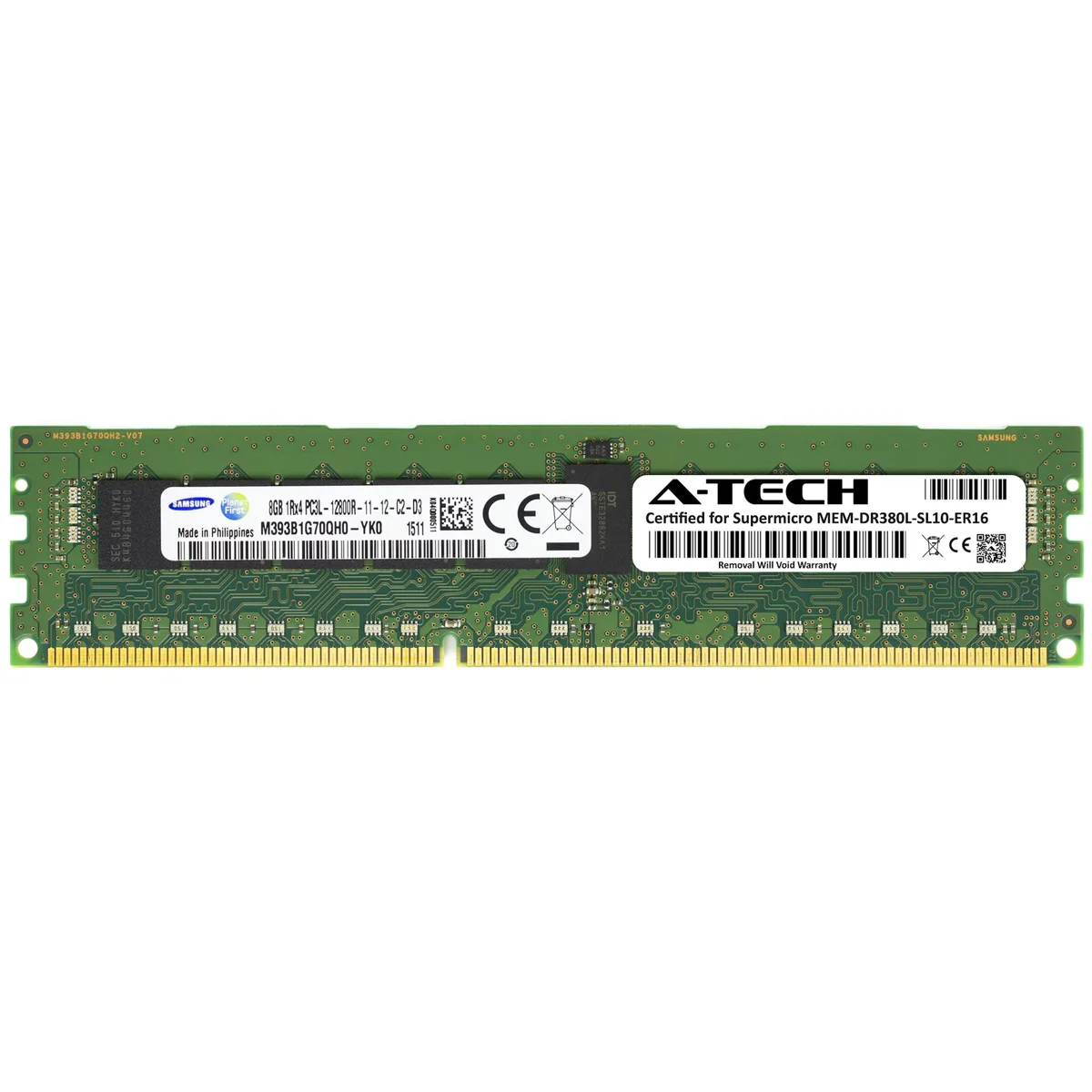 Green 240-pin DDR3L RDIMM module with black Samsung chips