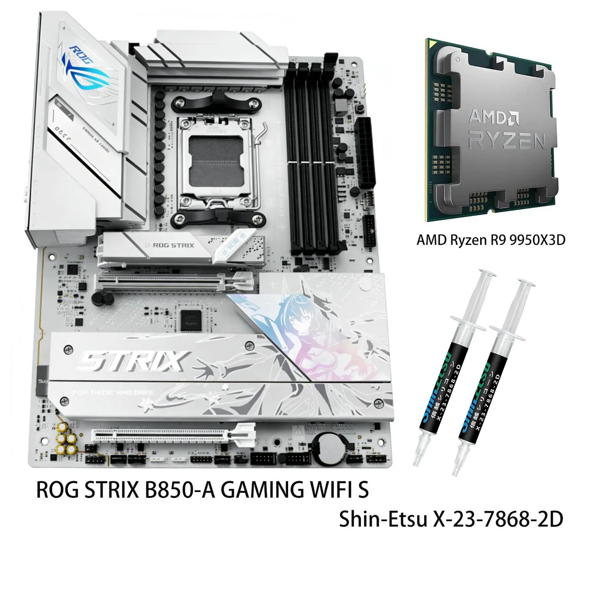 ATX motherboard with large VRM heatsinks and CPU in AM5 socket