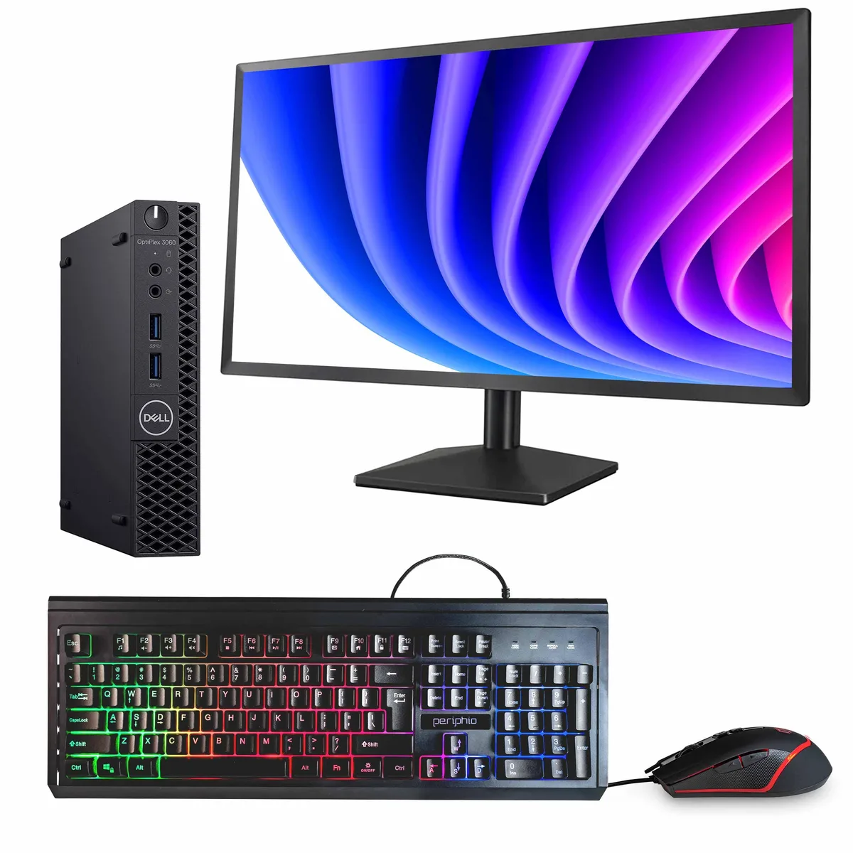 Black Dell OptiPlex 3060 Mini PC with 24 inch monitor
