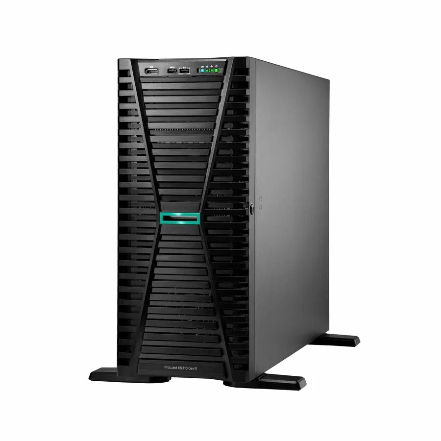 Tall silver tower server with front drive bays and redundant power supplies