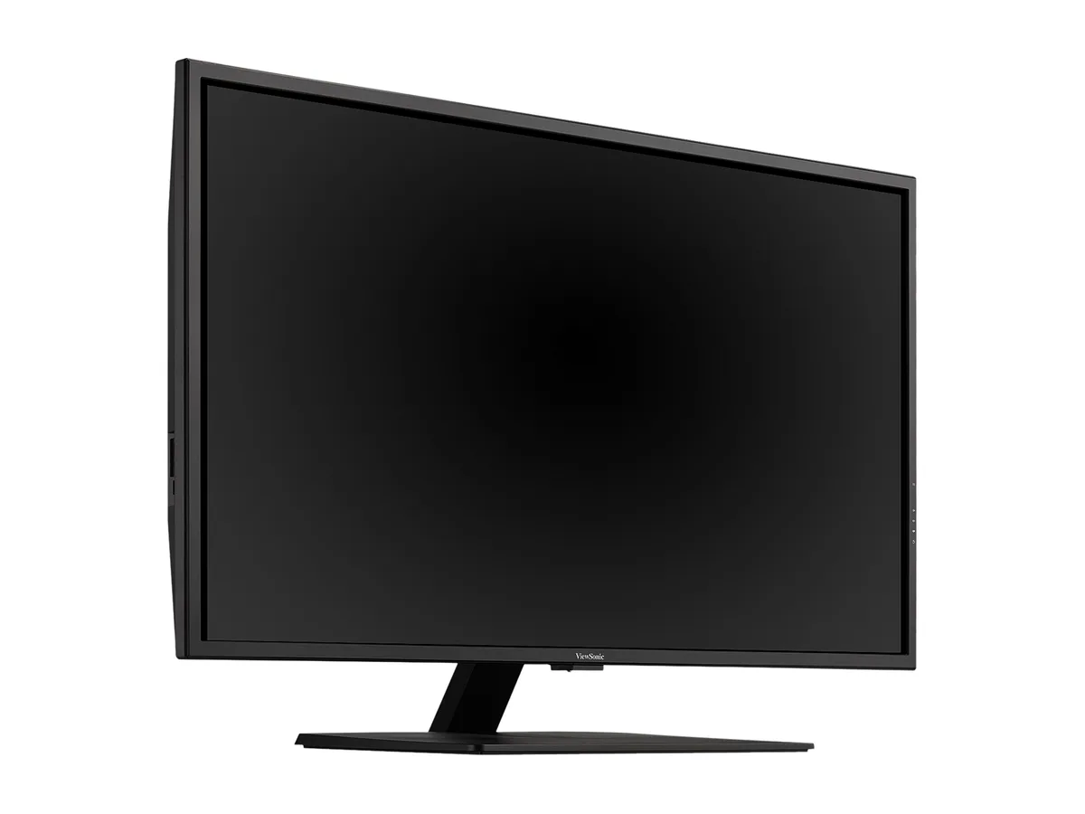 Large 43 inch flat black monitor with ultra-thin bezels, MVA panel showing 4K desktop