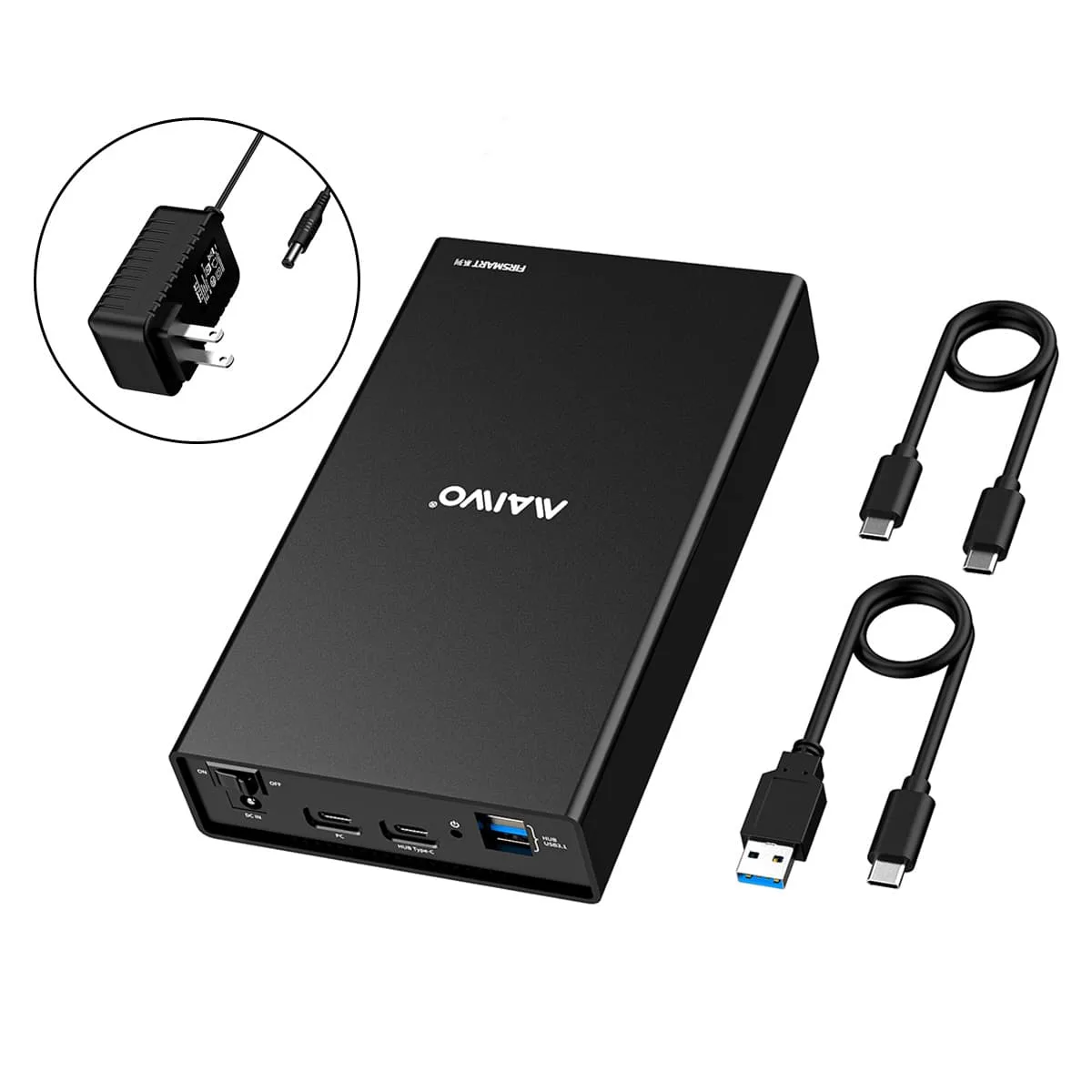 Black aluminium single-bay SATA enclosure for 2.5 or 3.5 inch drives with USB-C host port and three downstream USB ports