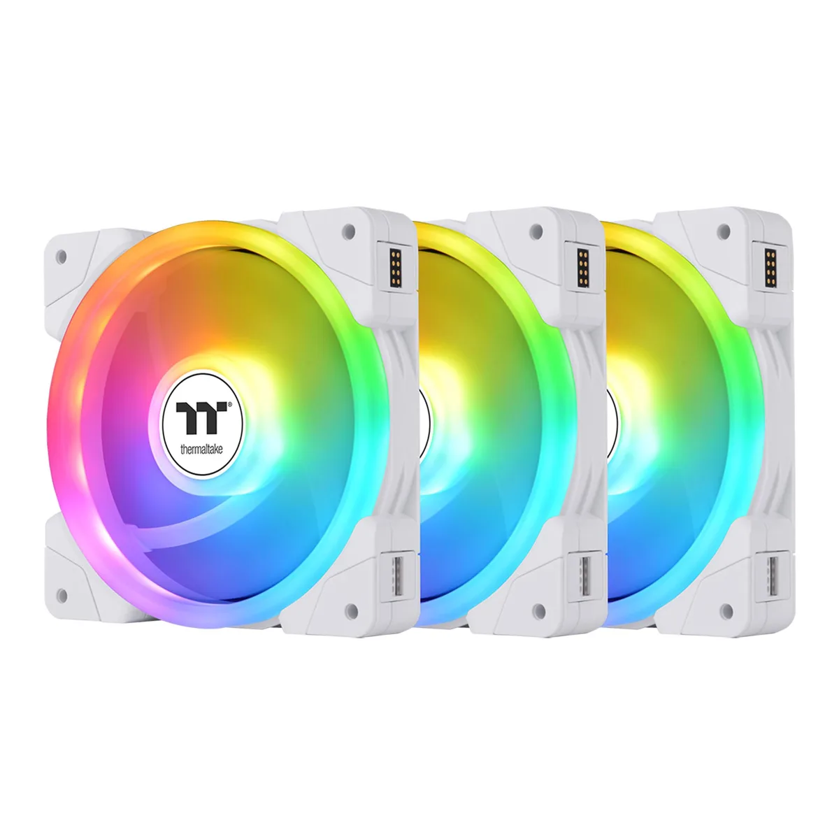 Three white 120mm ARGB case fans with reversible blades and magnetic frame connections