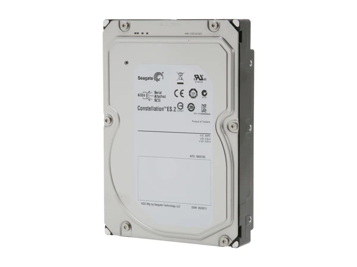 Silver 3.5 inch SAS enterprise hard drive with label showing model ST33000650SS
