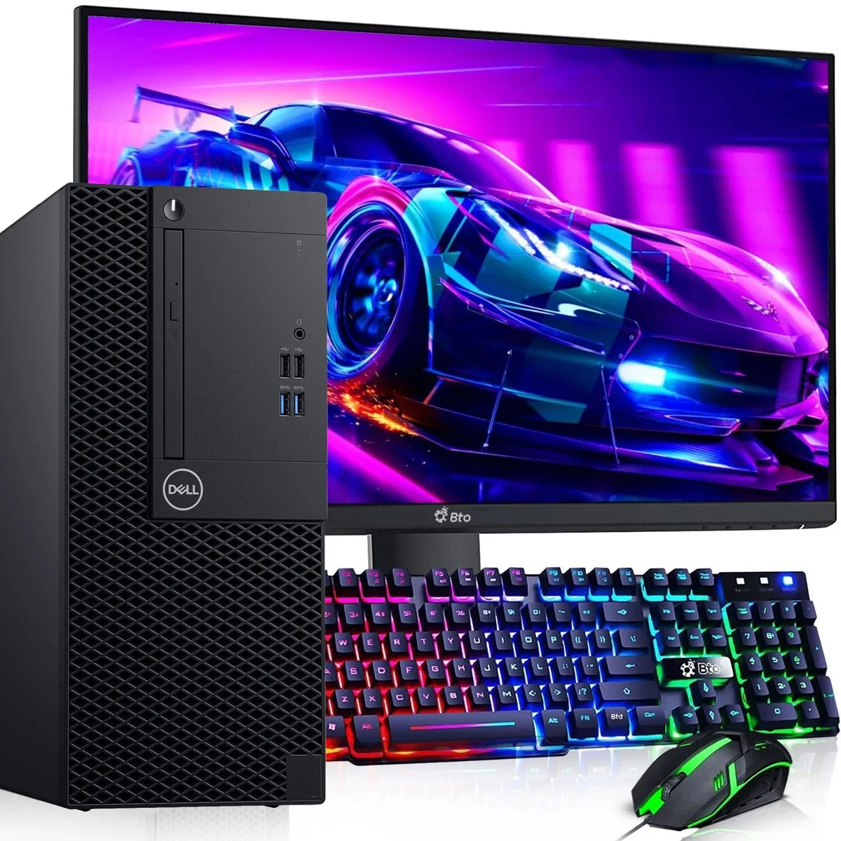 Black Dell OptiPlex Mini Tower desktop with 24 inch monitor, RGB keyboard and mouse