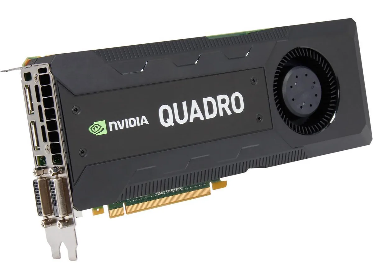 A full-height graphics card with a black metal shroud, two fans, and four display outputs visible on the rear bracket