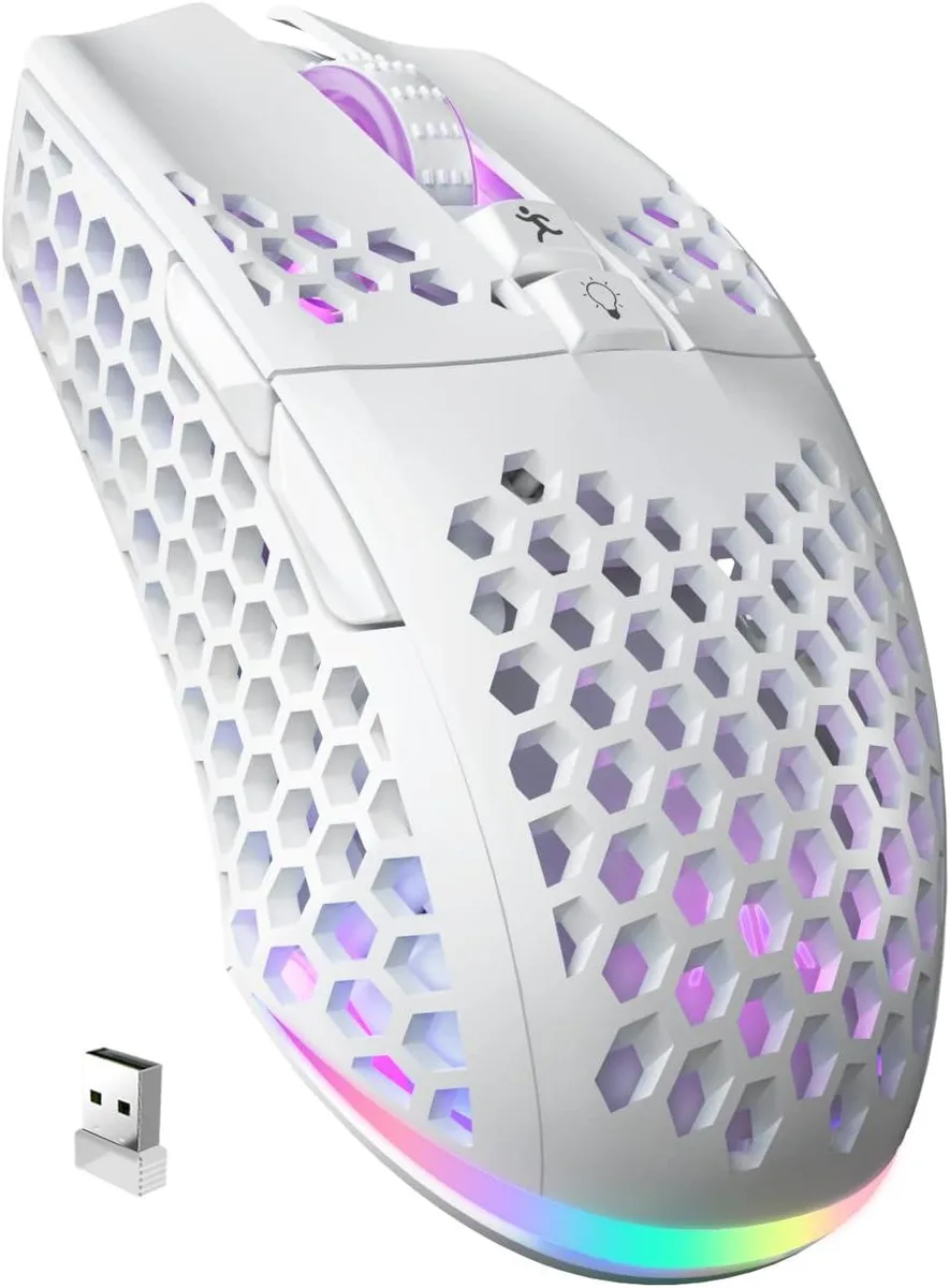 White wireless gaming mouse with honeycomb shell and RGB lighting
