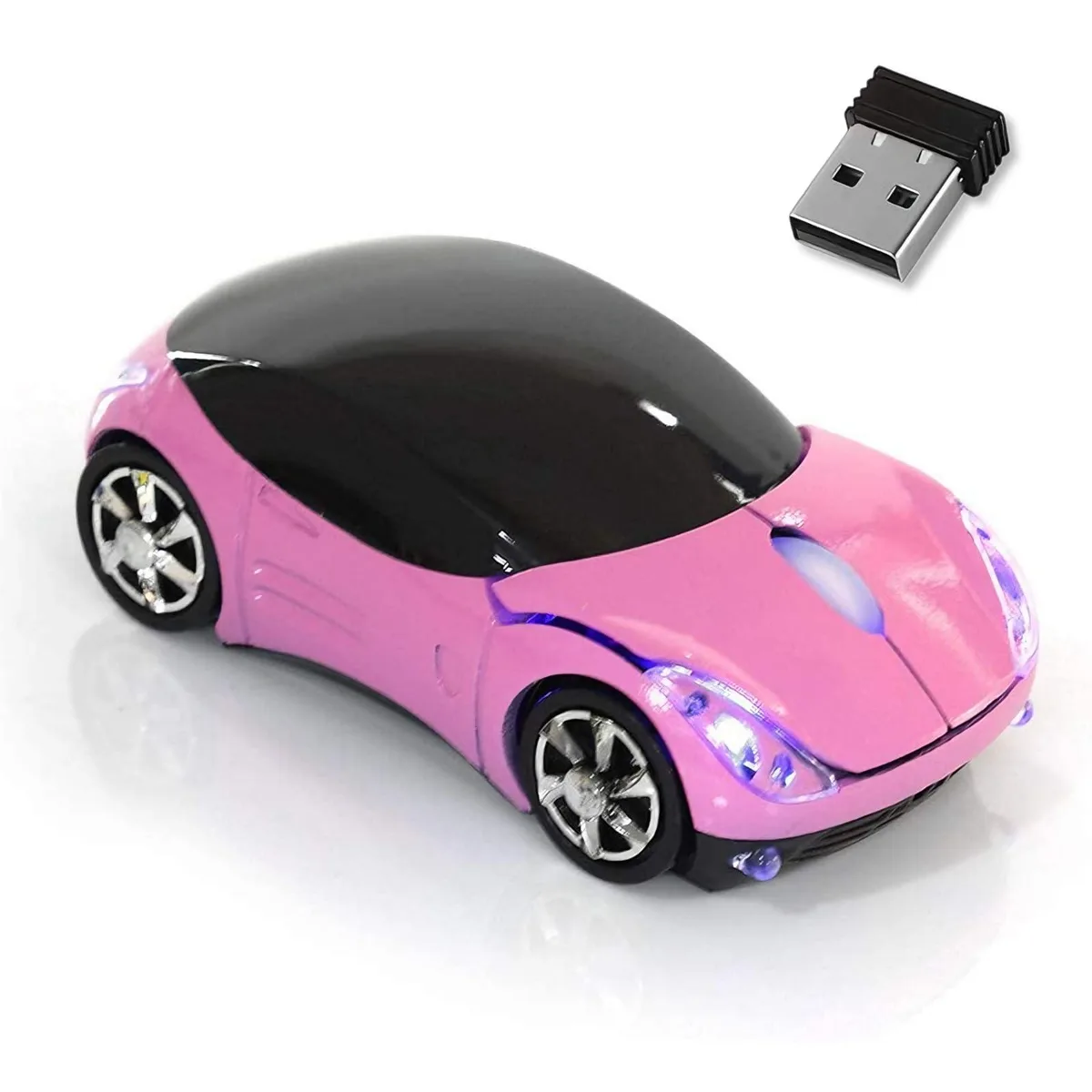Pink car-shaped wireless mouse with USB receiver, lightweight 70g design