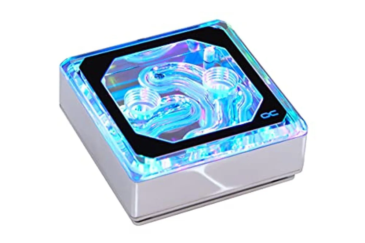 Square nickel-plated copper CPU water block with chrome plexi top and addressable RGB lighting