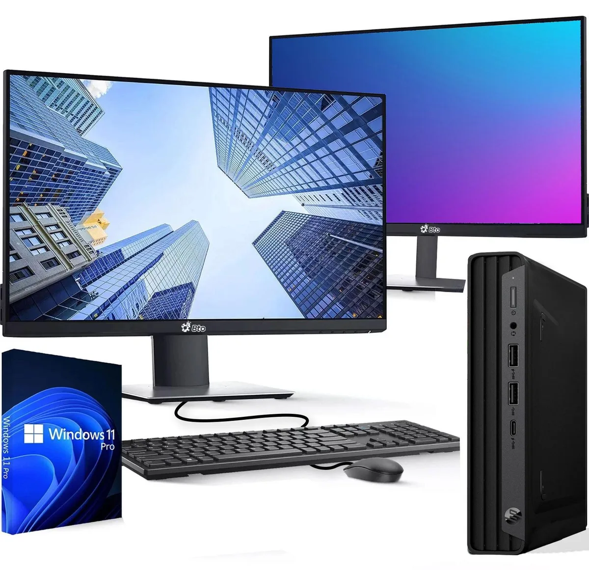 Compact black HP mini PC tower beside a 22-inch monitor with keyboard and mouse