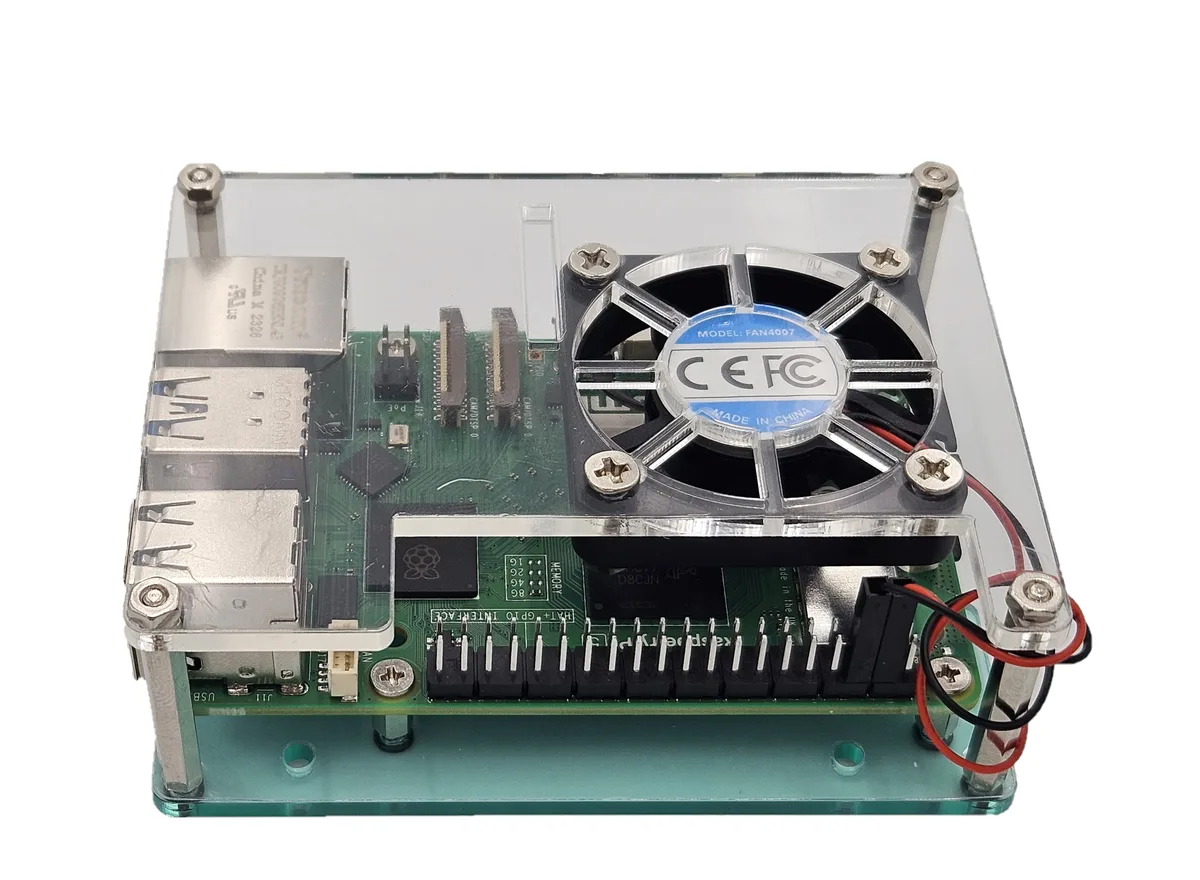 Clear acrylic stackable case with 40mm fan and heatsinks for Raspberry Pi boards