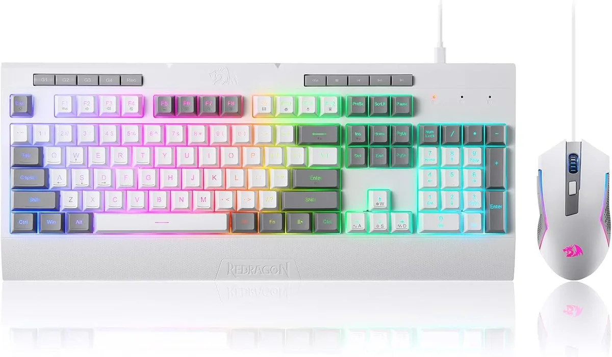 White and grey full-size wired keyboard with four macro keys and matching ergonomic mouse