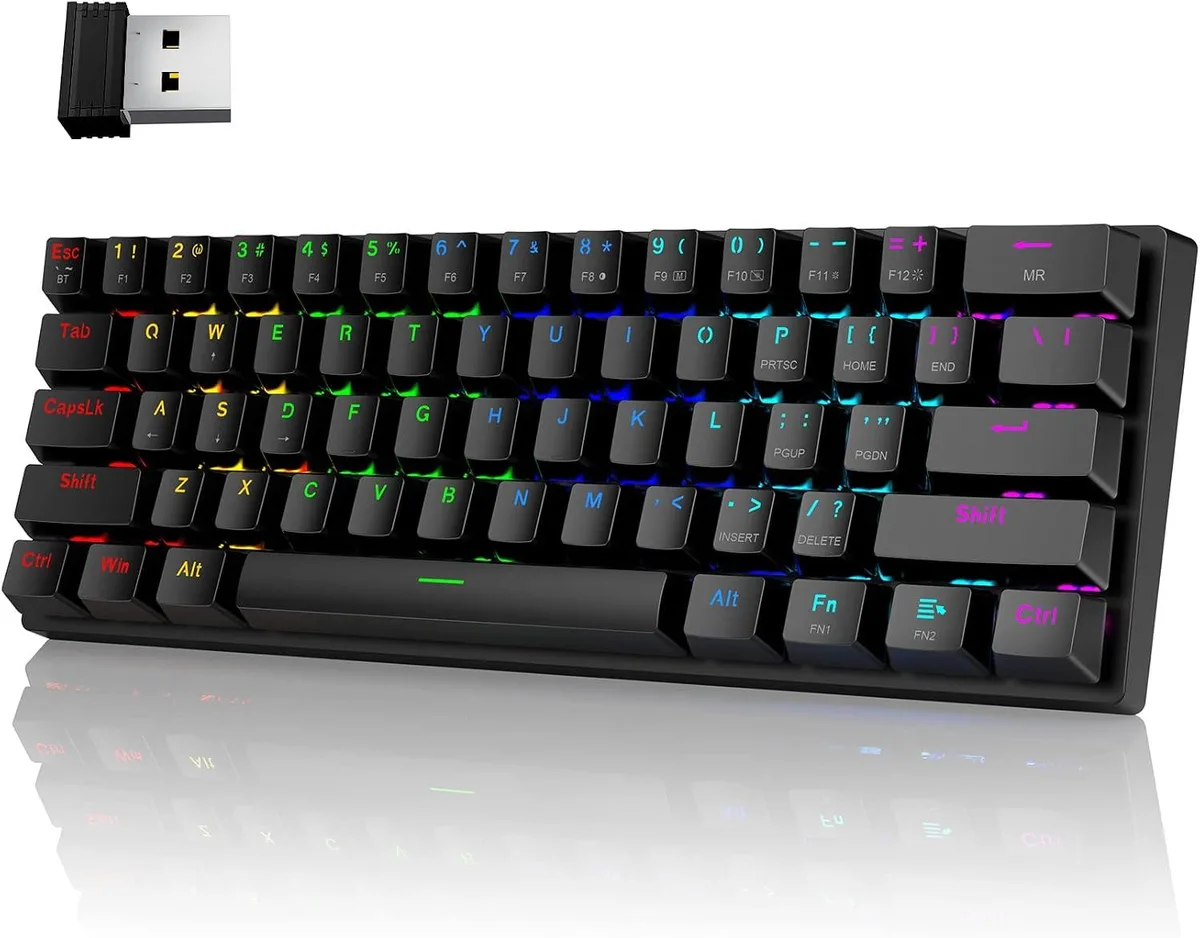 Compact 60 percent wireless mechanical keyboard with 61 keys, clicky blue switches and RGB backlighting