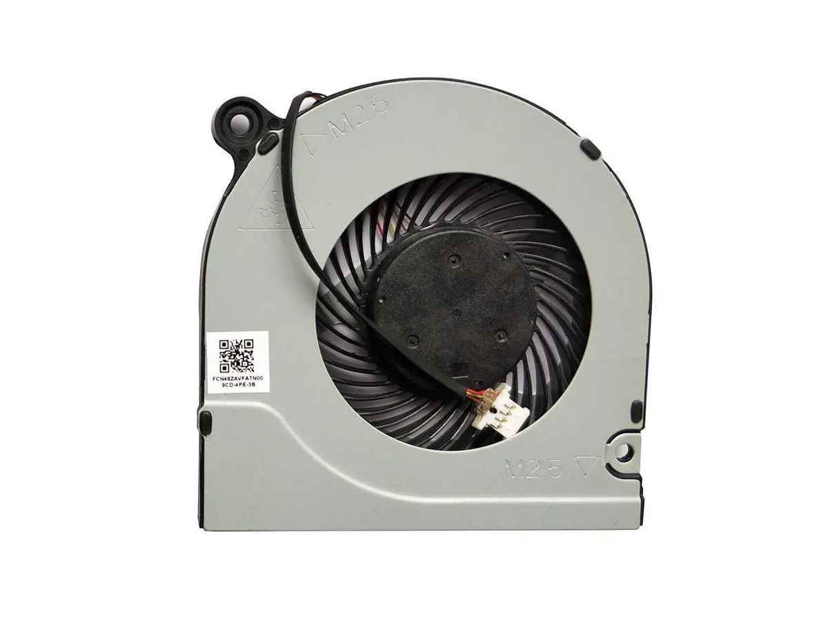 Small black laptop CPU cooling fan with plastic housing and wire connector