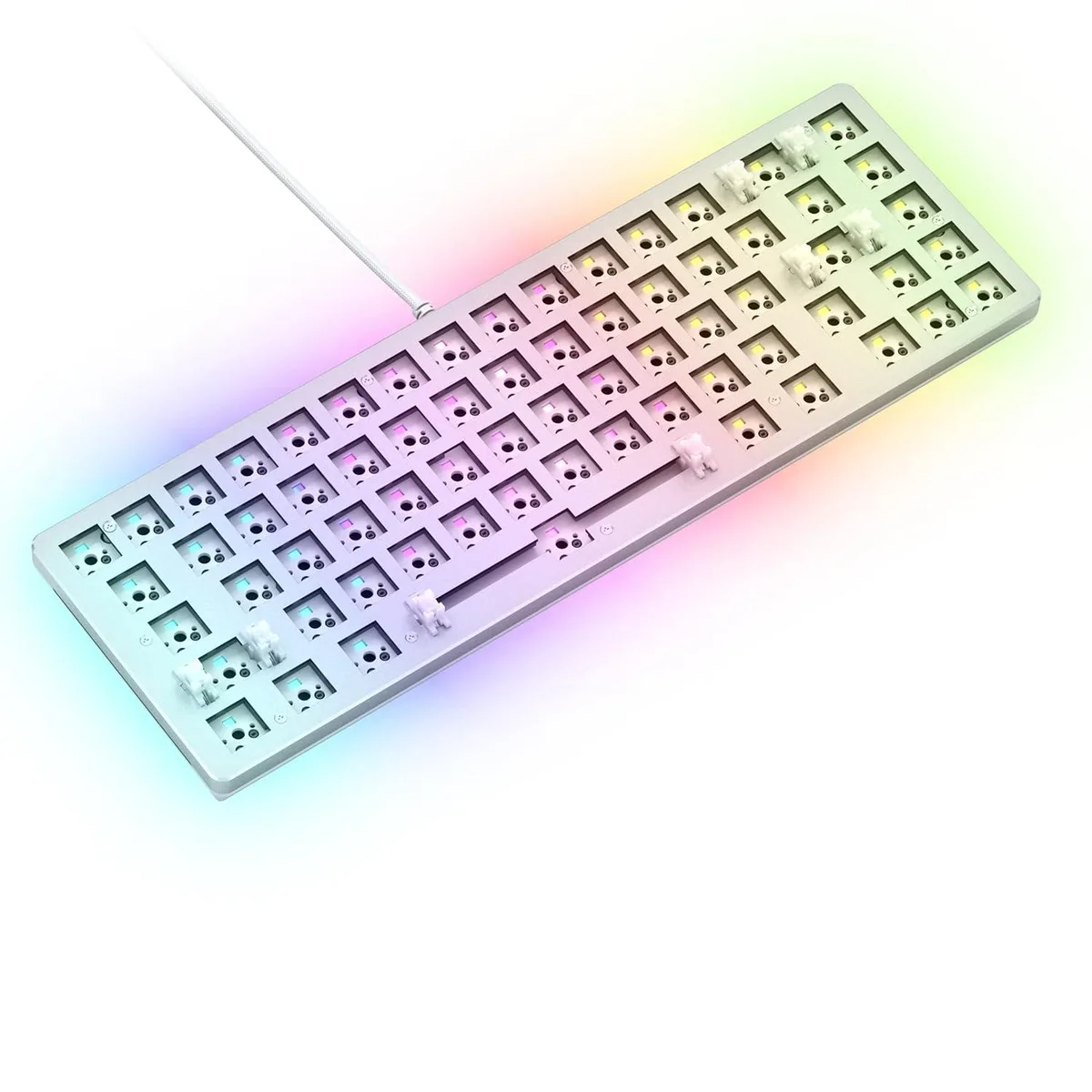 White aluminium 65% barebones keyboard frame, matte brushed finish, compact layout with arrow keys