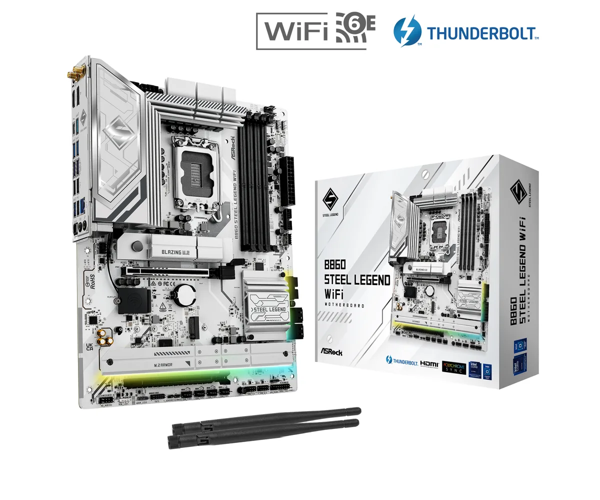 ATX motherboard with silver and black heatsinks, four DDR5 slots, PCIe 5.0 and 4.0 slots, multiple M.2 heatsinks, rear I/O with HDMI