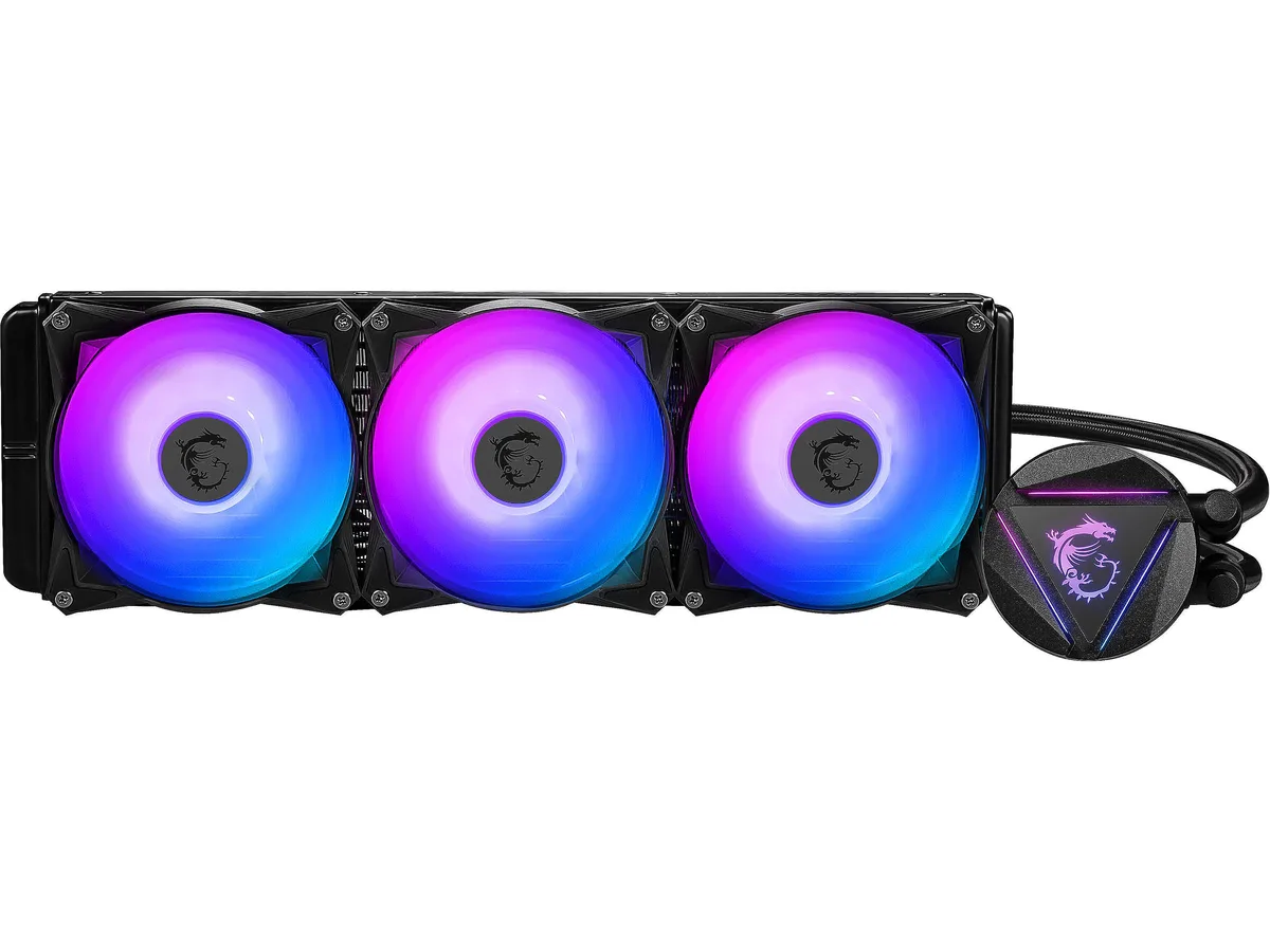 Black AIO liquid cooler with 360mm radiator, three 120mm ARGB fans and rotatable CPU block