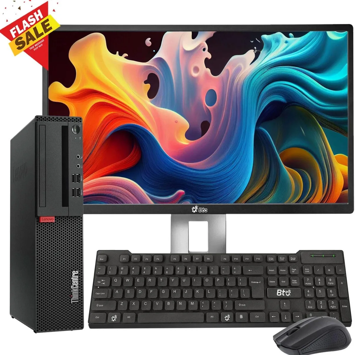 Black Lenovo ThinkCentre SFF tower with 24 inch monitor, wireless keyboard and mouse